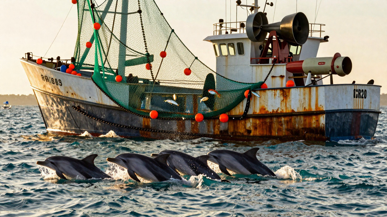 Fischkutter mit Netz und darin springende Delfine im Meer bei Sonnenuntergang.