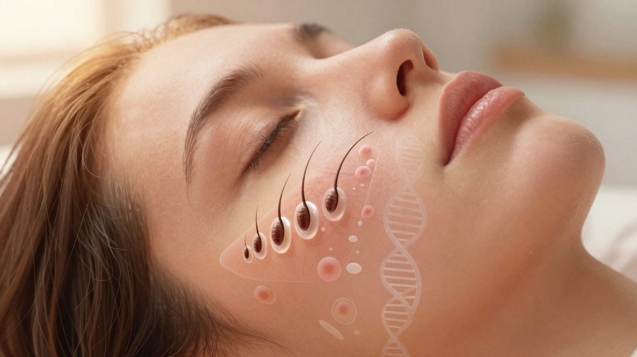 Frau mit geschlossenen Augen, Nahaufnahme, Illustrationen von Haarwurzeln und DNA-Strang auf der Wange.