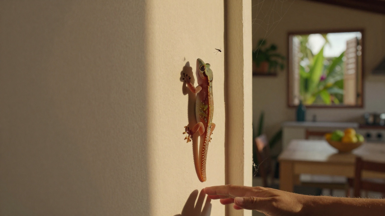 Ein Gecko klettert an einer Wand, eine Hand nähert sich ihm vorsichtig im Sonnenlicht.