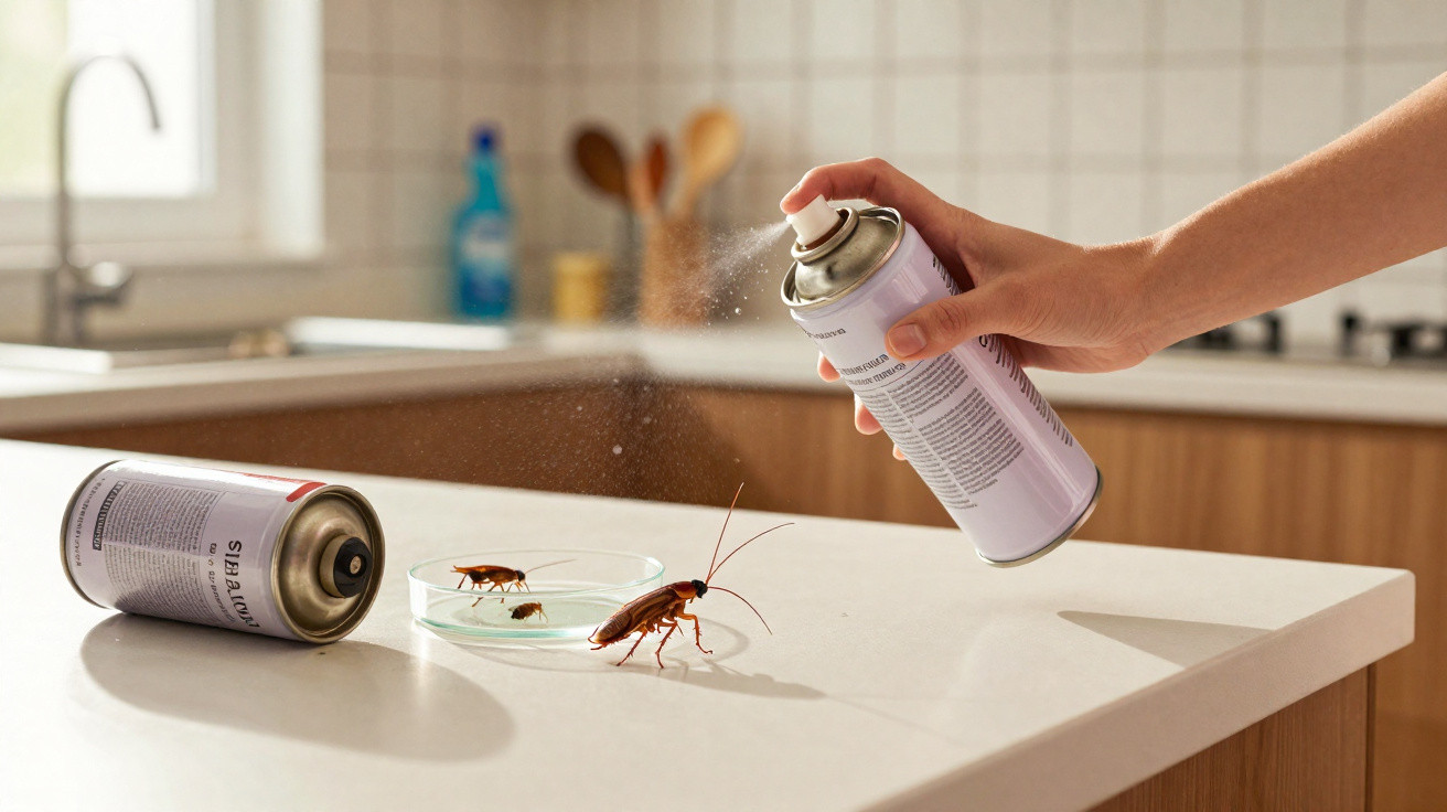 Hand sprüht Insektenspray gegen Kakerlaken auf Küchenarbeitsplatte mit zwei Dosen und Schale.
