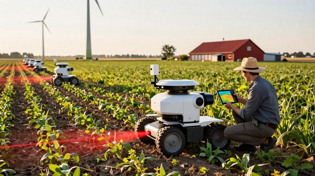 Landwirt mit Tablet steuert autonome Roboter auf Feld zur Pflanzenüberwachung bei Sonnenuntergang.
