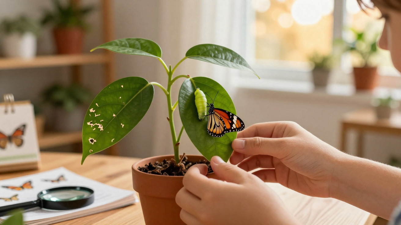 Kind beobachtet Schmetterlingspuppe und frisch geschlüpften Schmetterling auf Blatt einer Zimmerpflanze.
