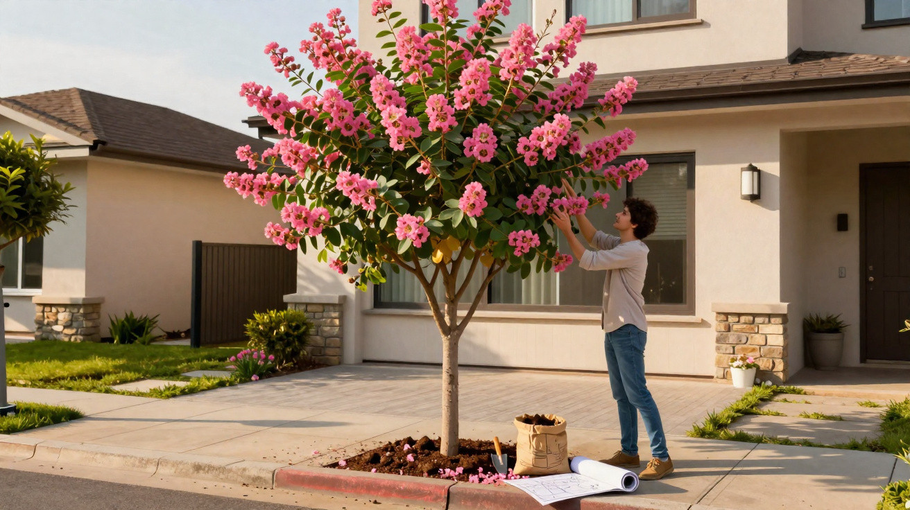 Frau pflegt blühenden Baum mit rosa Blüten vor einem modernen Einfamilienhaus am Bürgersteig.