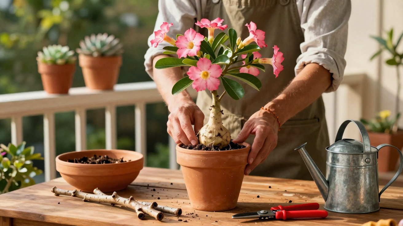 Person setzt blühende rosa Pflanze in Terrakotta-Topf auf Holztisch mit Gießkanne und Gartenschere.