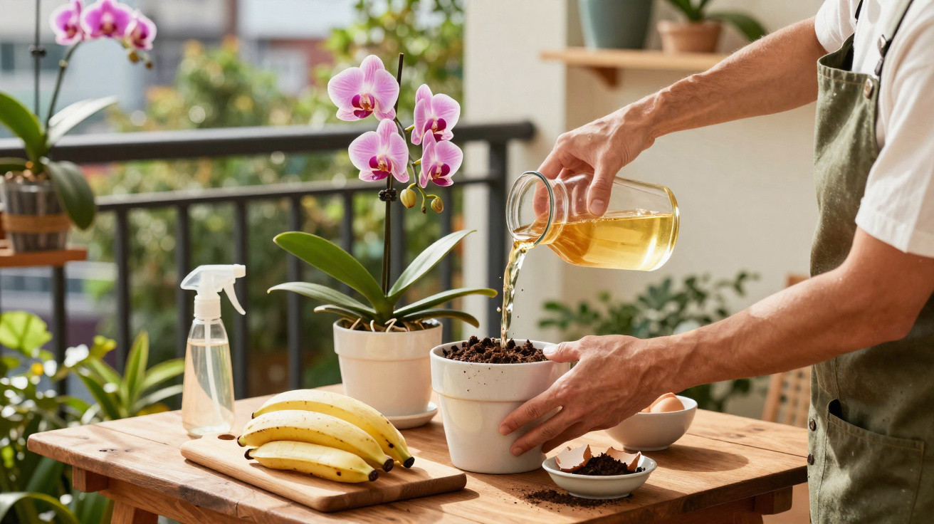 Person gießt Wasser in einen Blumentopf auf einem Holztisch mit Blumen, Bananen und Gartengeräten.