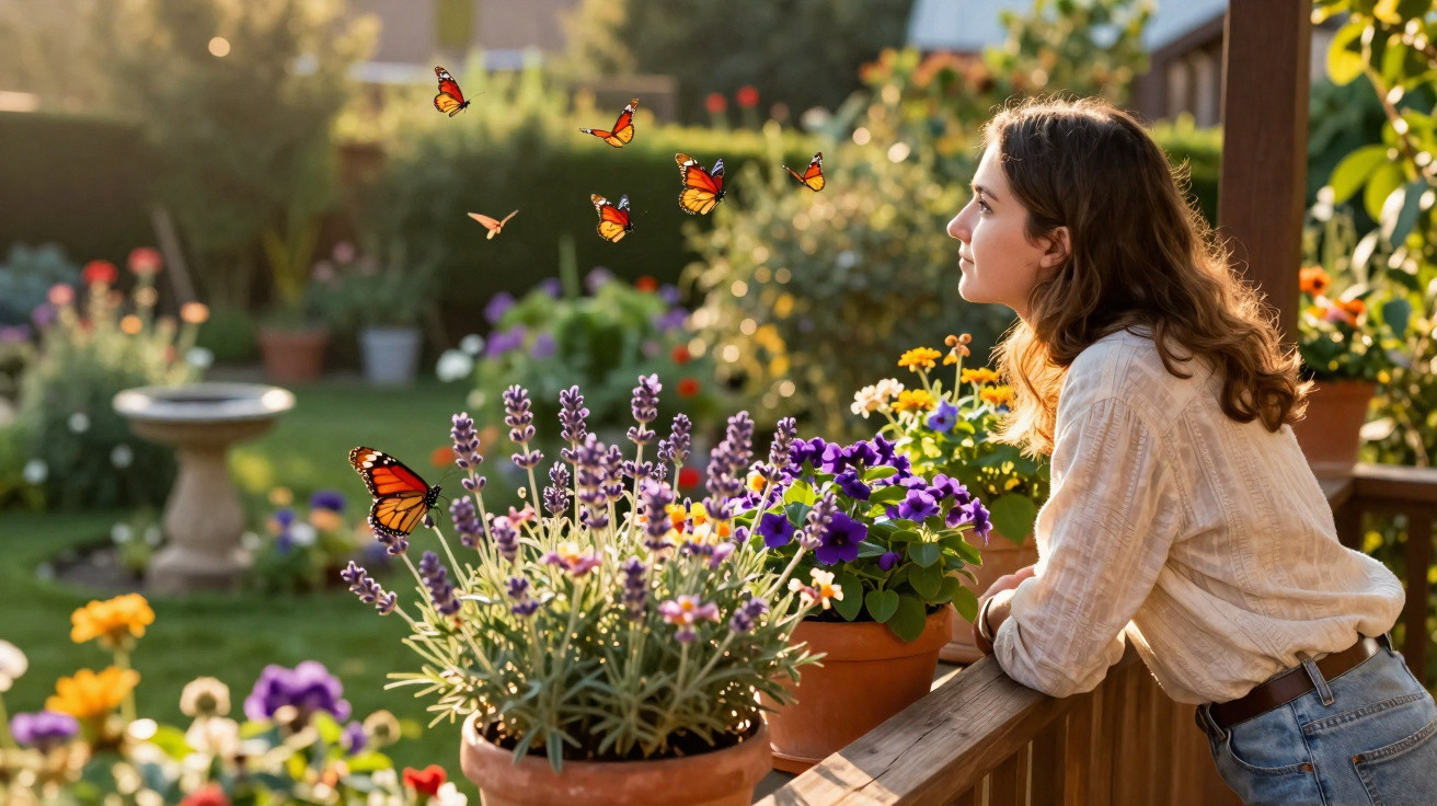 Junge Frau beobachtet Schmetterlinge in einem blühenden Garten bei Sonnenlicht.