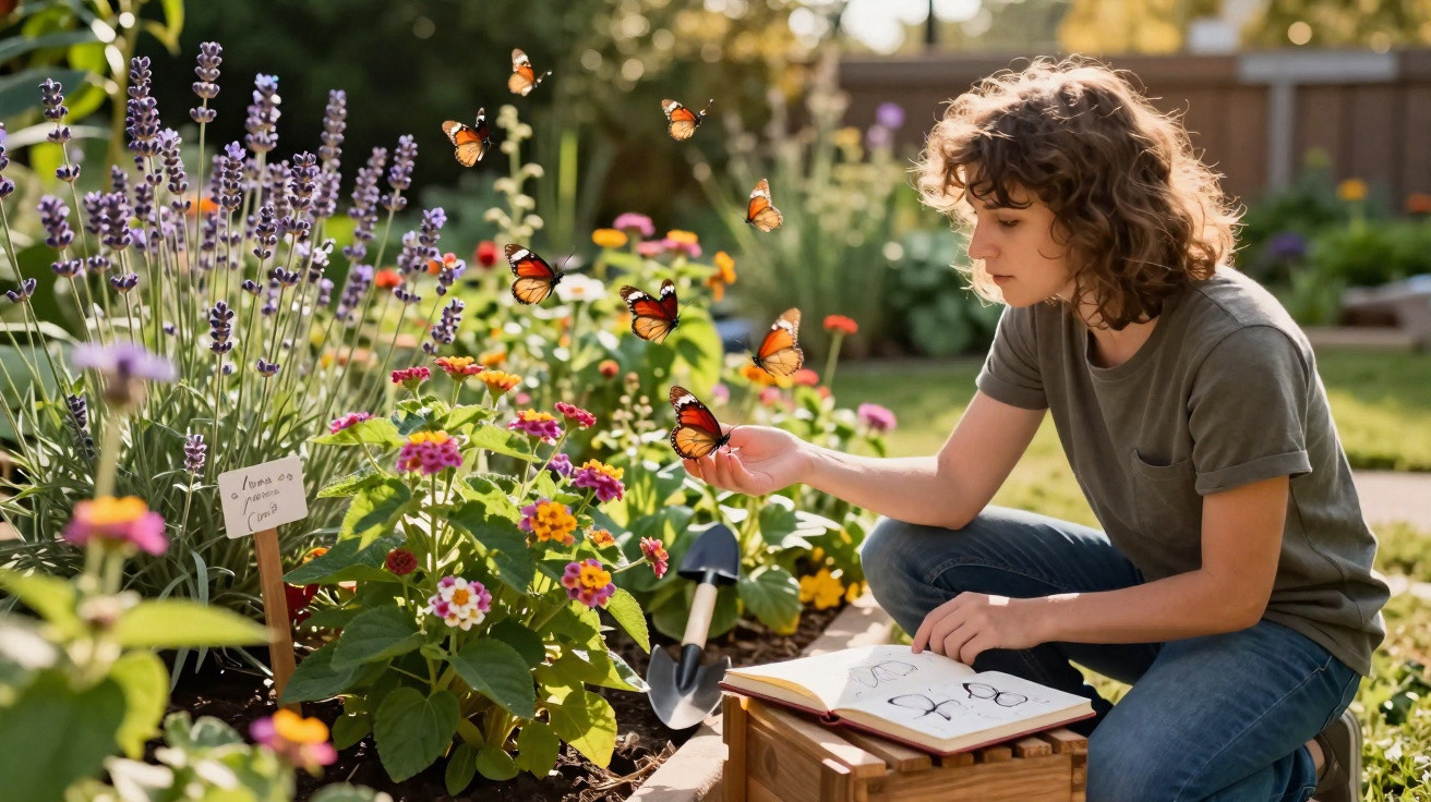 Junge sitzt im Garten und beobachtet Schmetterlinge auf bunten Blumen bei Sonnenschein.