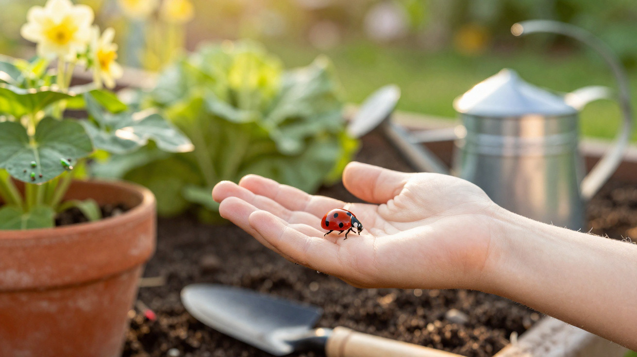 Hand mit einem Marienkäfer, Gartenwerkzeug, Blumentopf und Blumen im Hintergrund bei Sonnenschein