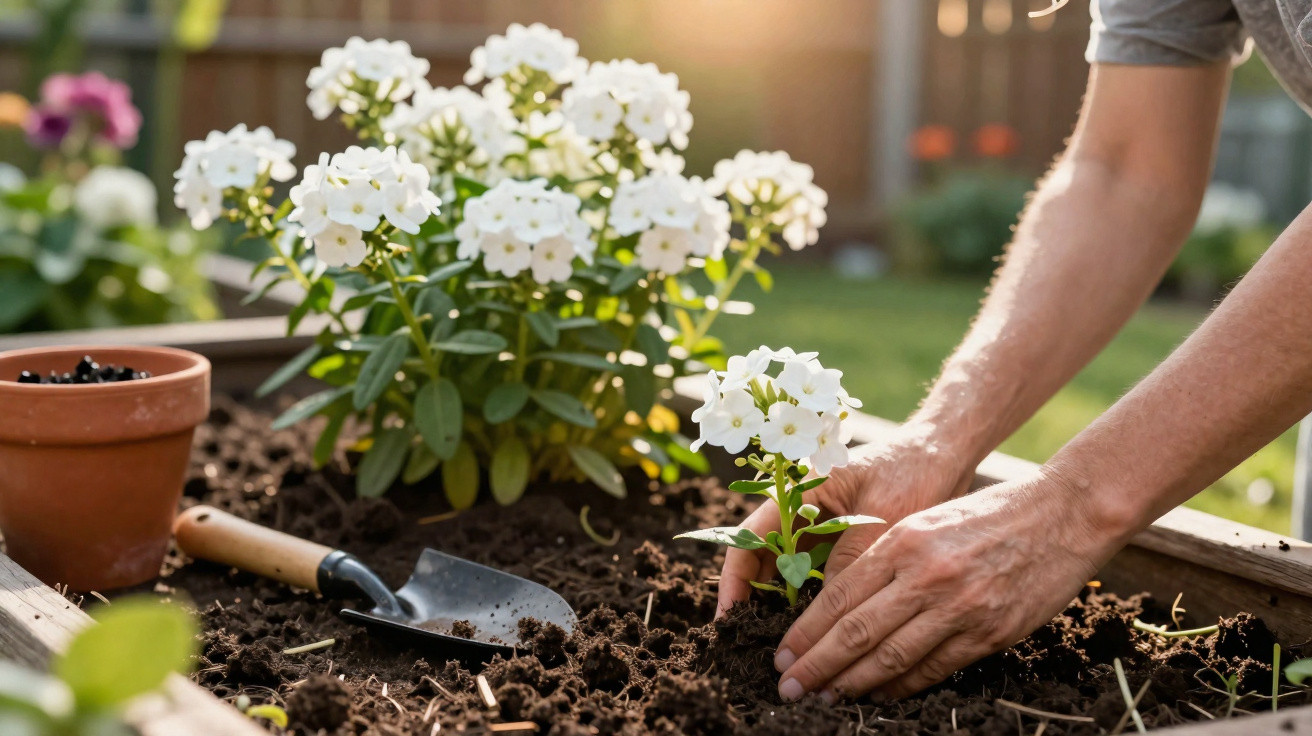 Hände, die eine weiße Blume in einem Hochbeet mit Gartenschaufel und Blumentopf pflanzen.