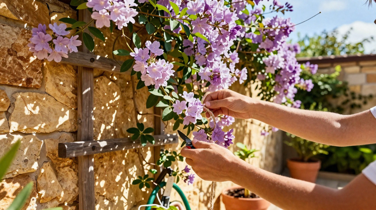 Person schneidet lila blühende Kletterpflanze an sonniger Steinmauer mit Gartenschere zurück.
