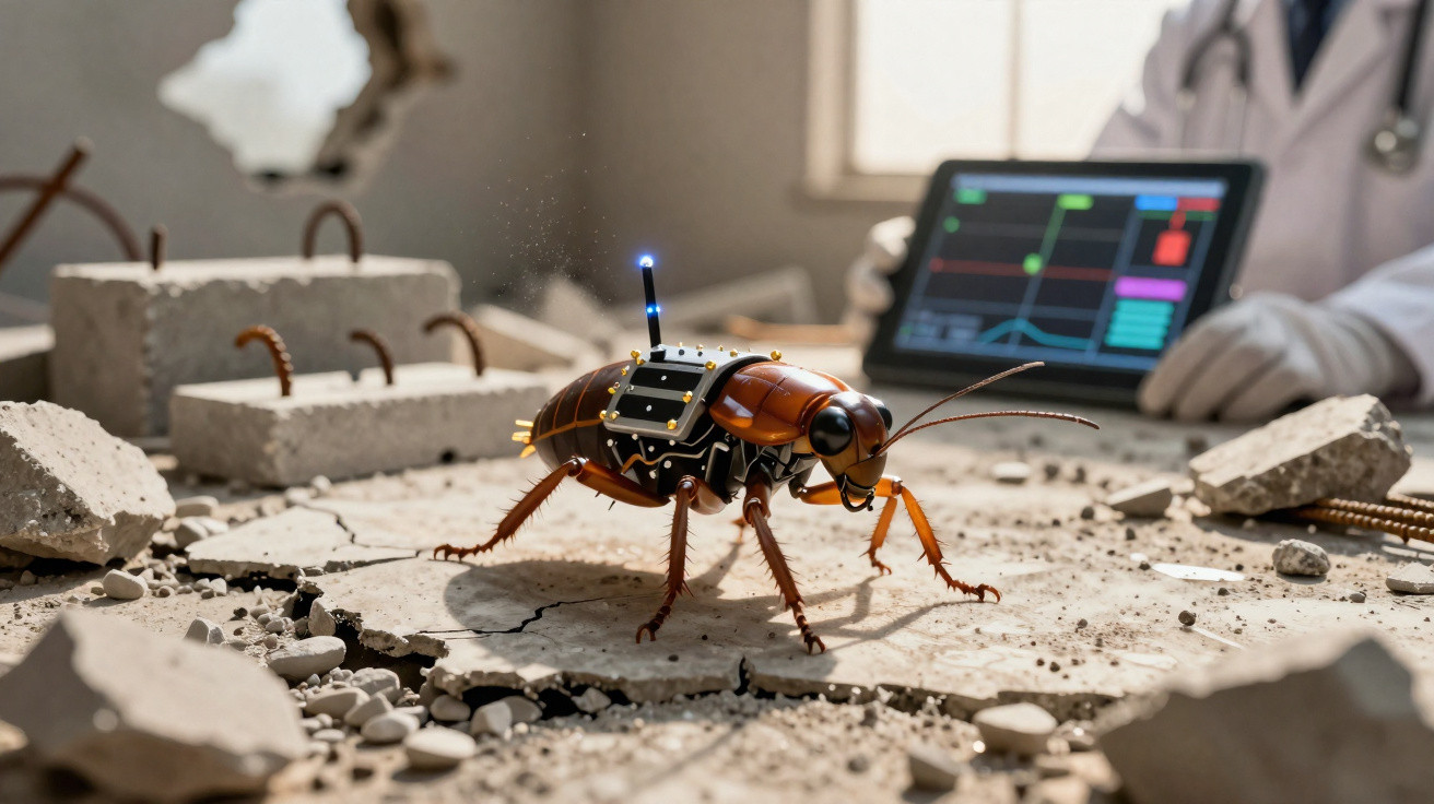 Roboter-Kakerlake mit Antenne auf zerstörtem Beton, im Hintergrund Arzt mit Tablet und EKG-Anzeige.