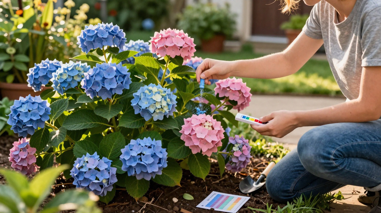 Person misst mit Teststreifen den pH-Wert von rosa und blauen Hortensien im Gartenbeet.