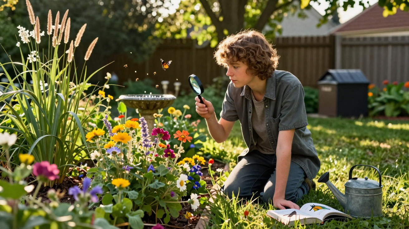 Junge untersucht mit Lupe bunte Blumen und einen Schmetterling im sonnigen Garten.