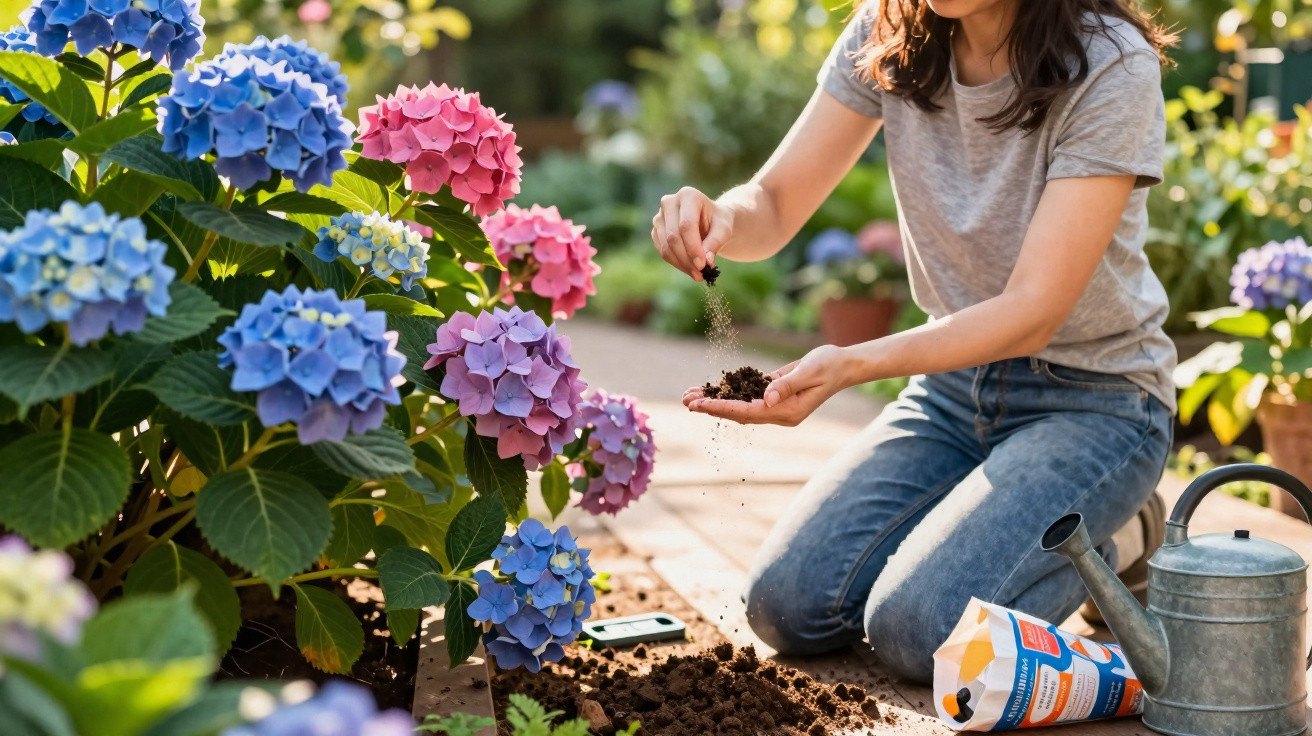Frau kniet im Garten und lockert Erde neben blühenden Hortensien in Blau und Pink bei Sonnenschein.