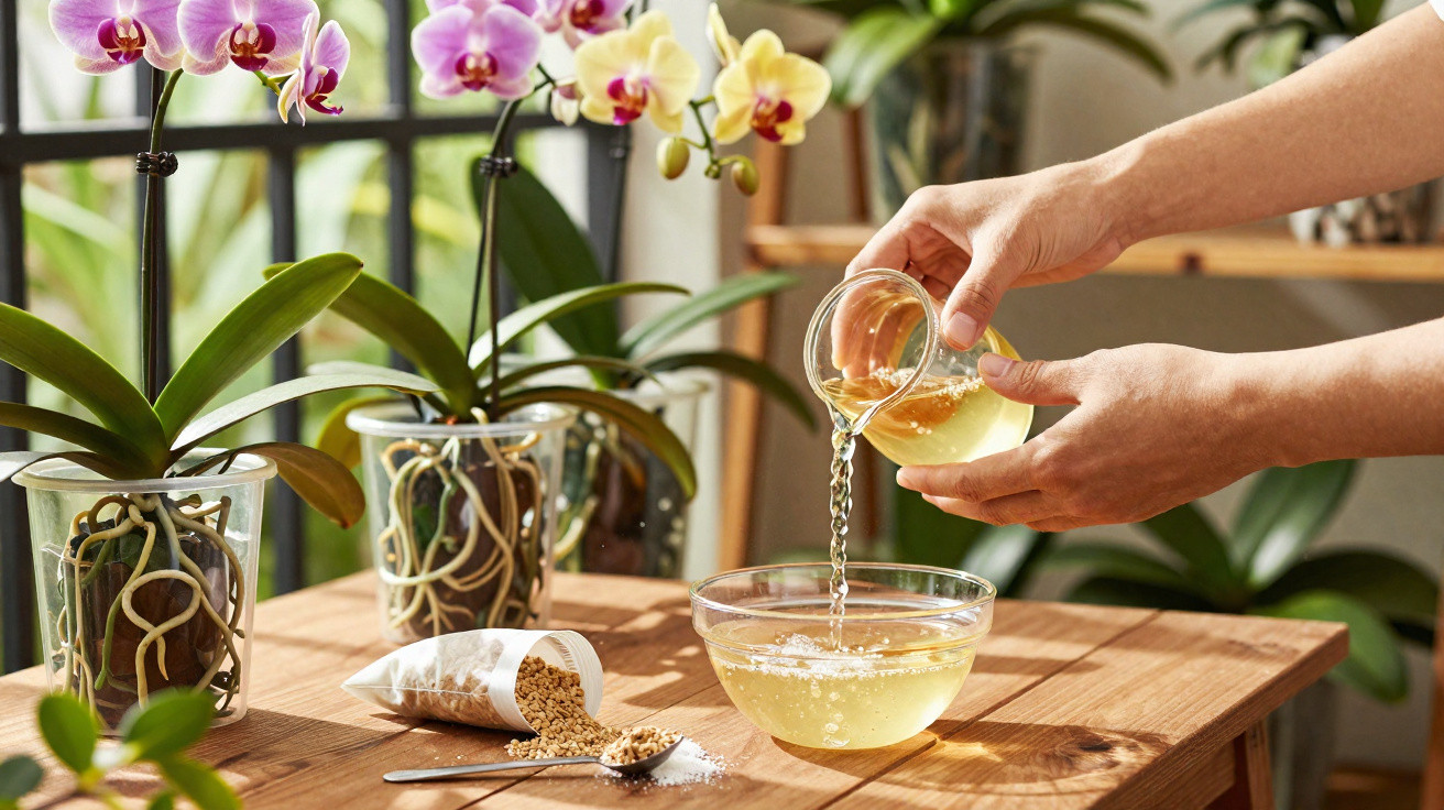 Person gießt Flüssigdünger in Schale, Orchideen in Gläsern stehen auf Holztisch im Sonnenlicht.