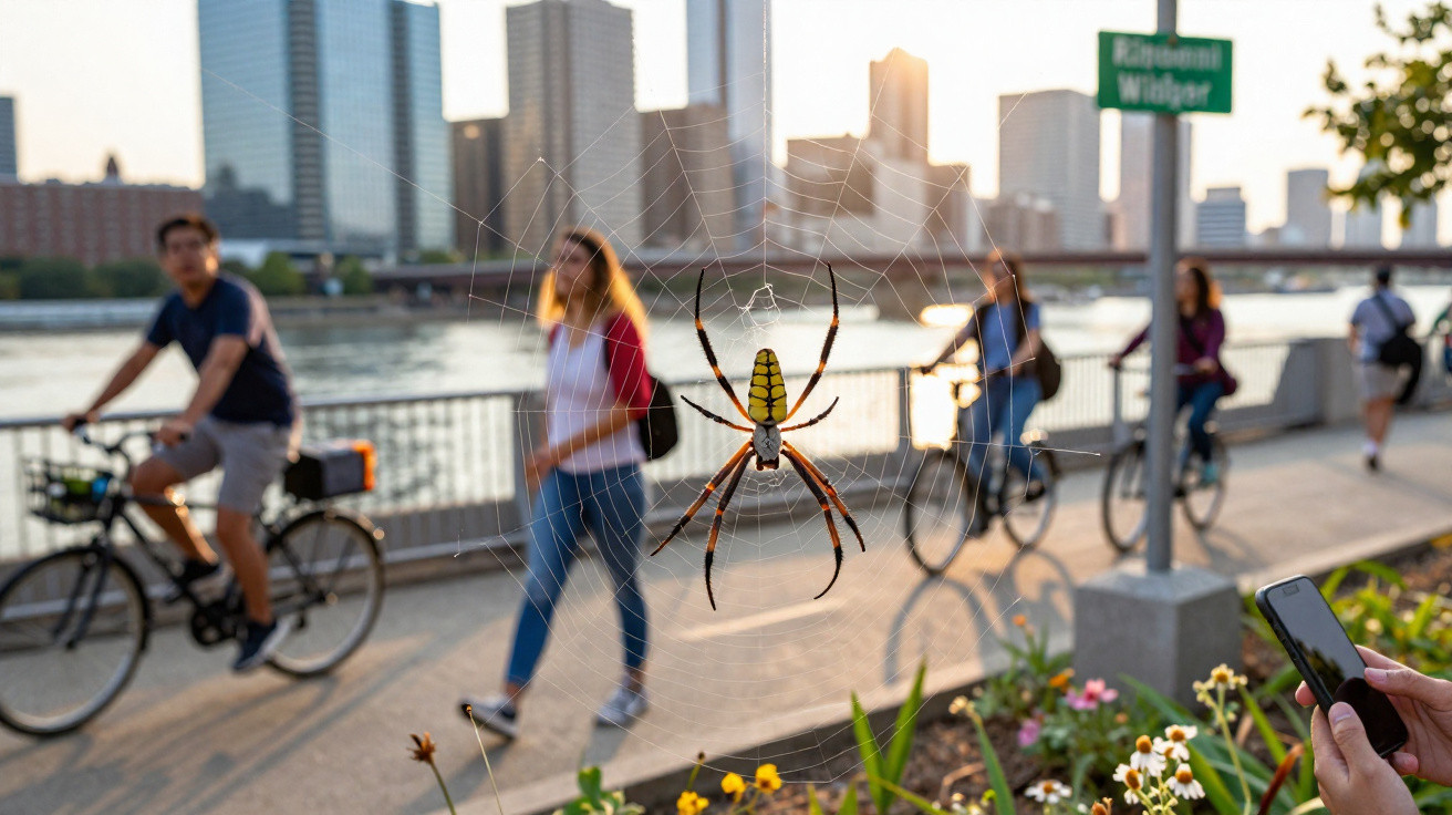 Große Spinne im Netz vor Uferpromenade mit Radfahrern und Fußgängern bei Sonnenuntergang in der Stadt.