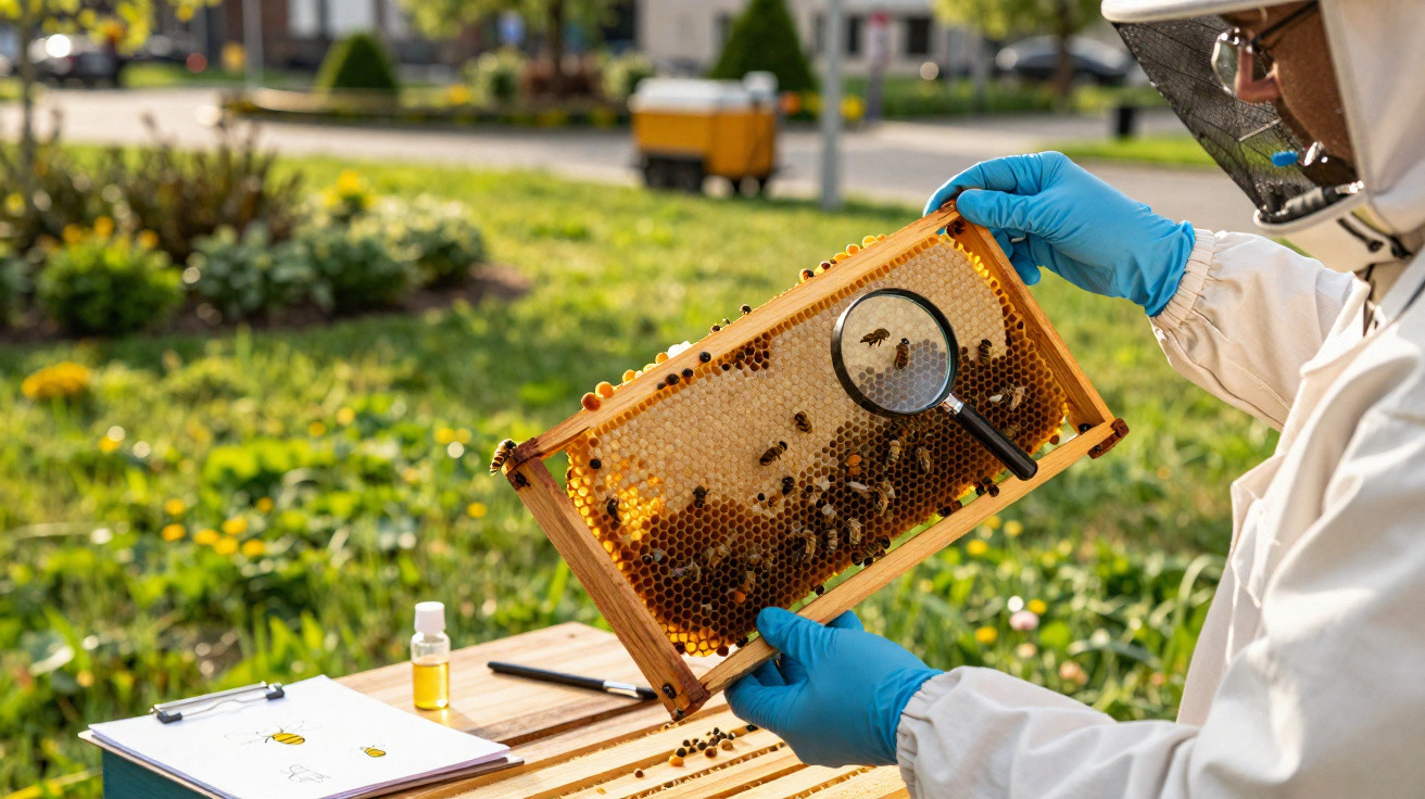 Imker mit Schutzkleidung inspiziert Bienenwabe mit Lupe im sonnigen Garten.