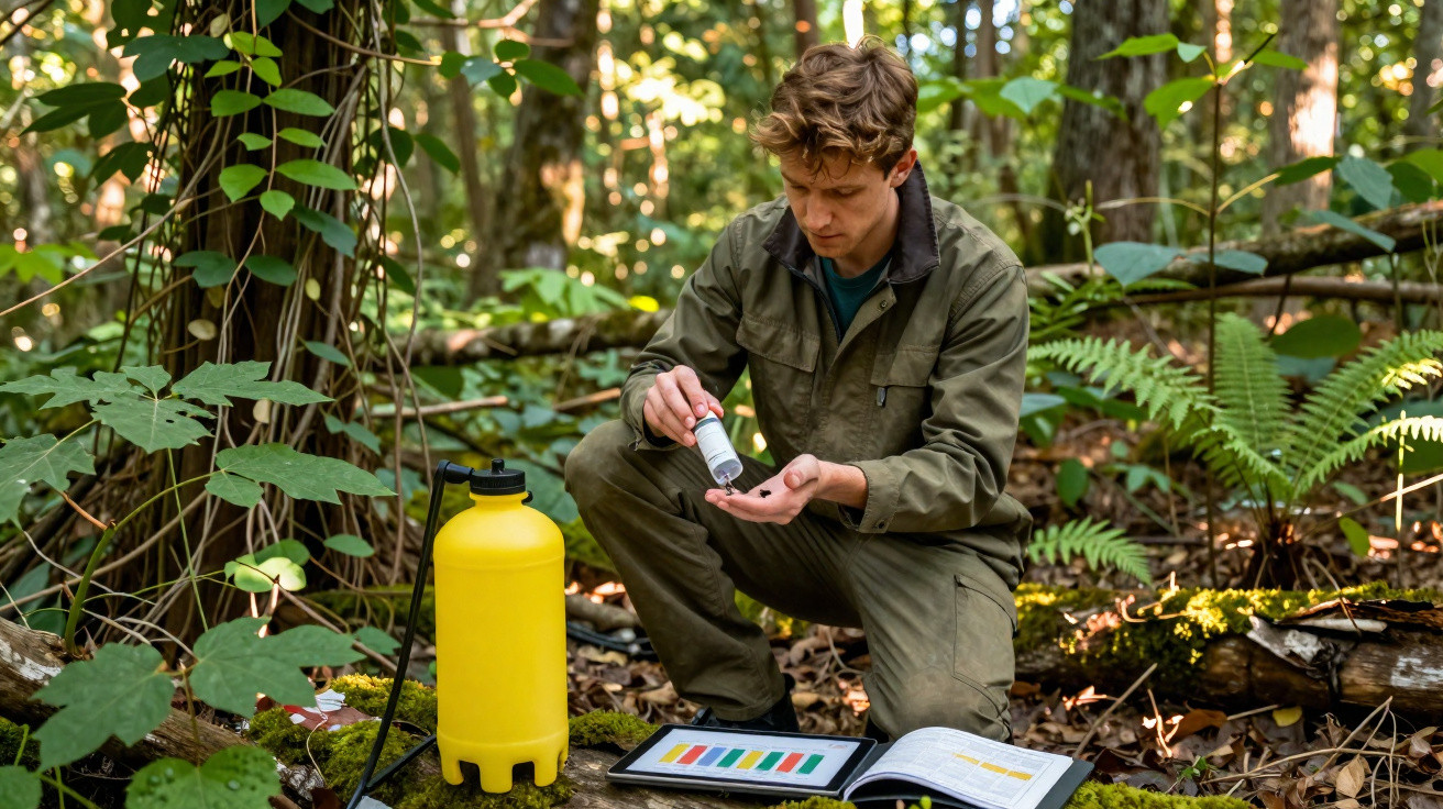 Mann in Wald mit grüner Kleidung testet Wasserprobe mit Ausrüstung und Messgerät auf Bodenstamm.