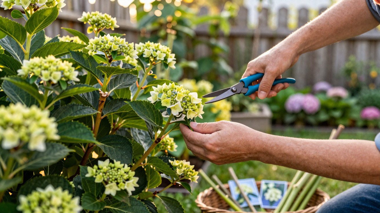 Person schneidet im Garten mit Gartenschere Blüten an einem grünen Hortensienstrauch.