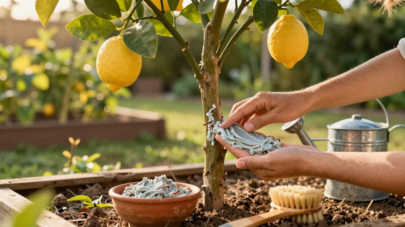 Person trägt weißen Schutzbalsam an Stamm eines Zitronenbaums im Garten auf.