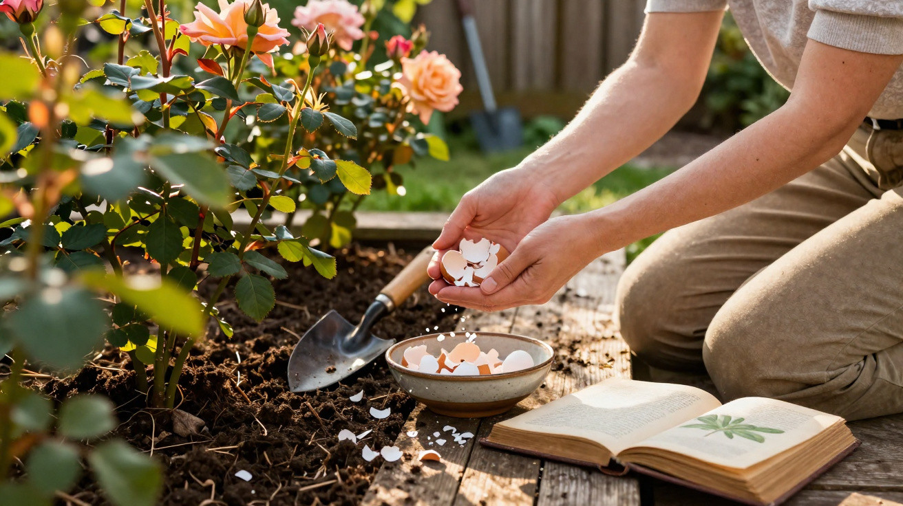 Person kniet im Garten, streut zerbrochene Eierschalen neben Rosen und hat ein geöffnetes Buch daneben liegen.