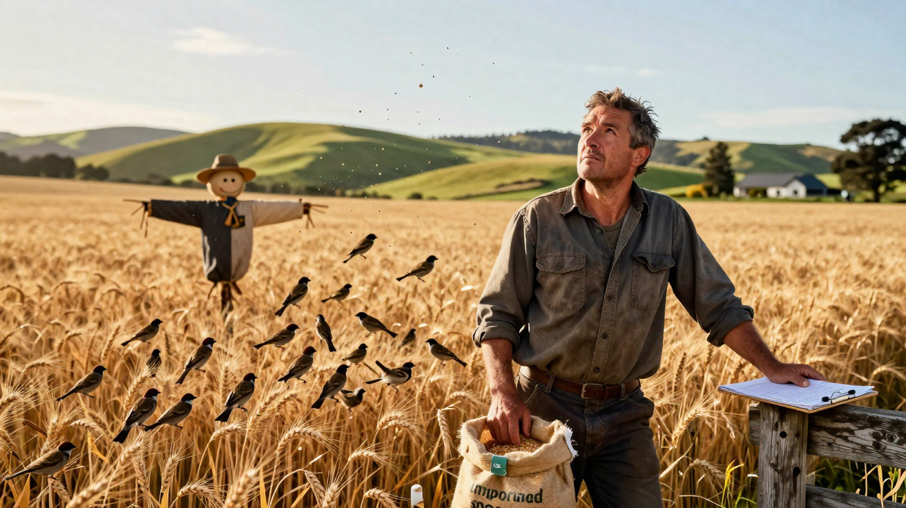 Landwirt im Getreidefeld füttert Vögel, im Hintergrund steht eine Vogelscheuche und Hügel bei sonnigem Wetter.