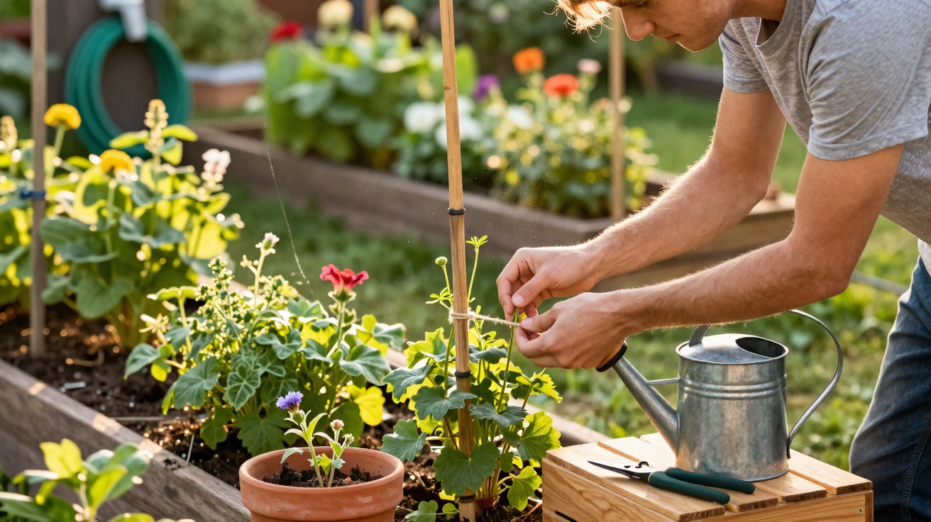 Person bindet Pflanze in Hochbeet, umgeben von bunten Blumen, mit Gießkanne und Gartenschere daneben.