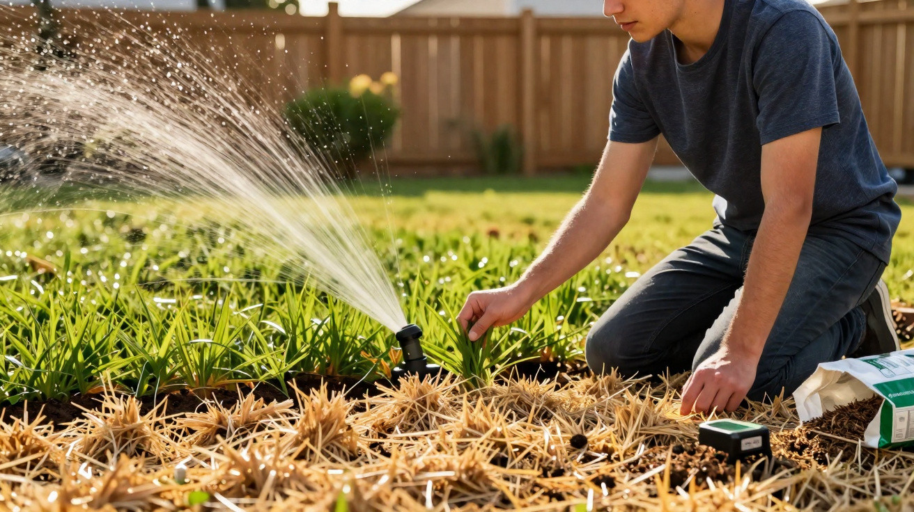 Person kniet im Garten und justiert eine Sprinkleranlage zur Bewässerung von Pflanzen.