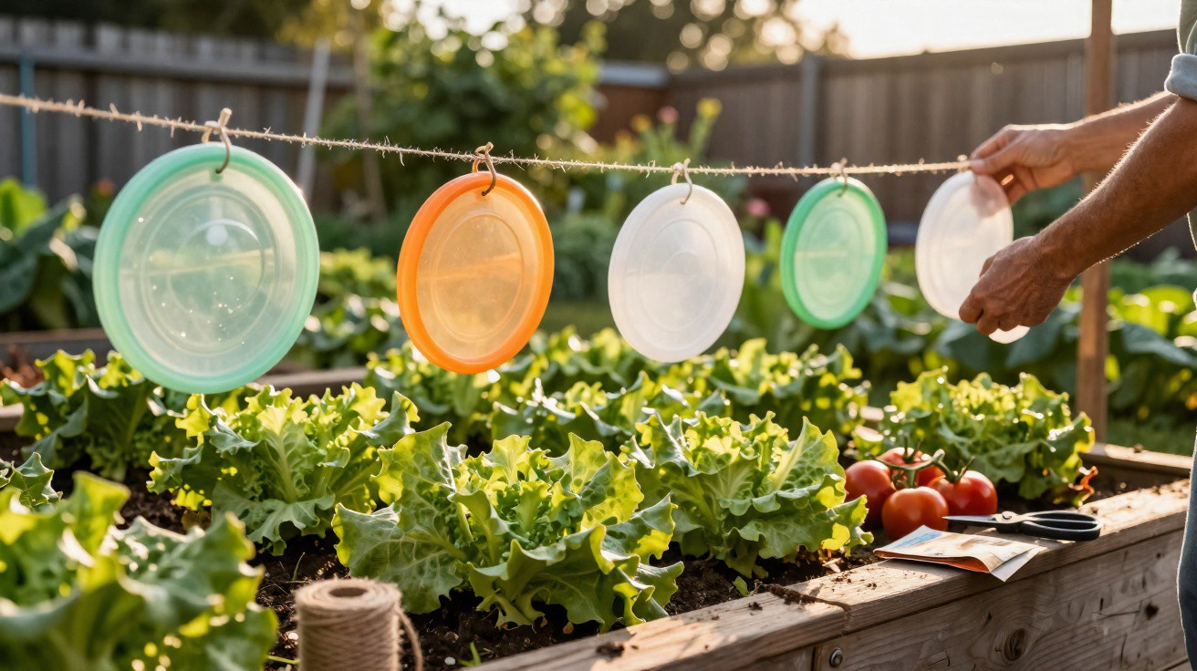 Plastikteller hängen als Insektenschutz über Salatpflanzen in einem Gartenbeet bei Sonnenlicht.