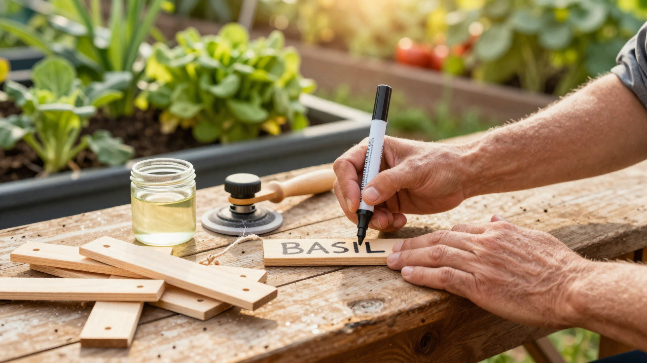 Person schreibt mit Marker das Wort „Basil“ auf ein Holzschild als Pflanzenschild im Garten.