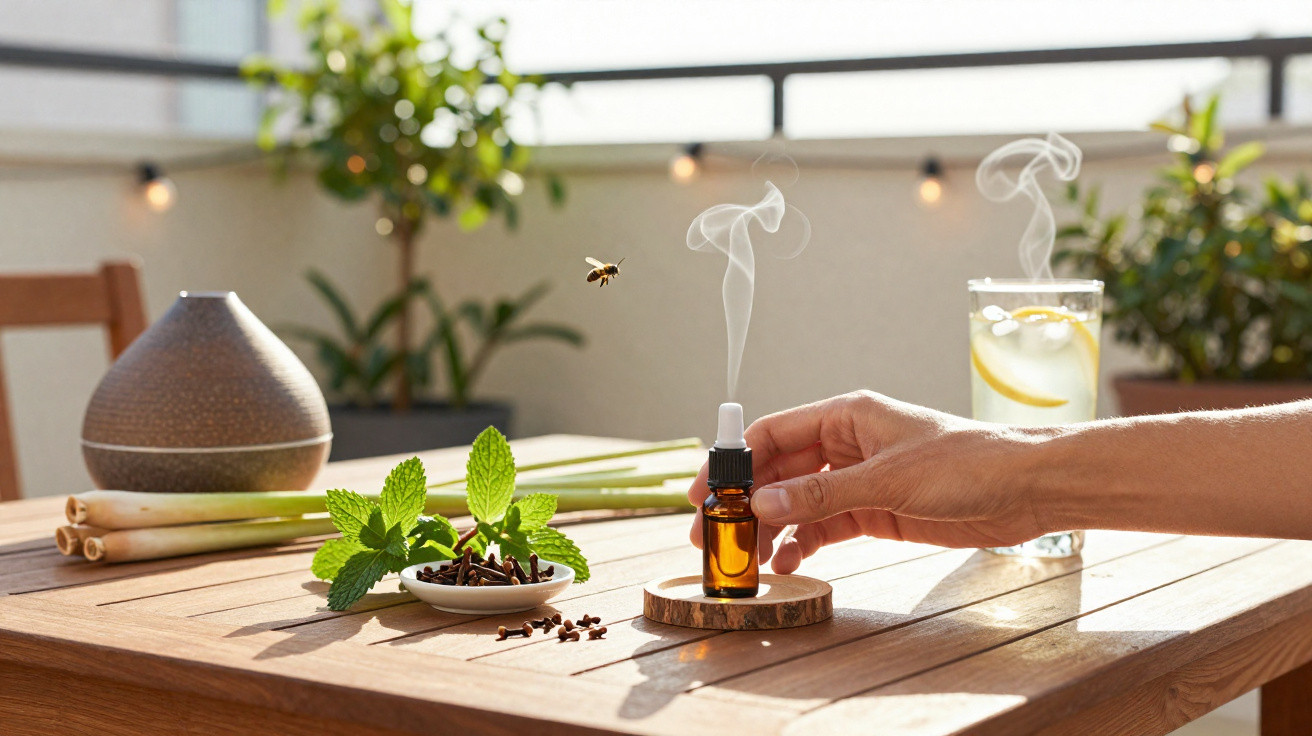 Hand greift zu Duftölfläschchen auf Holztisch mit Minze, Gewürznelken und Glas mit Zitrone, Biene fliegt.