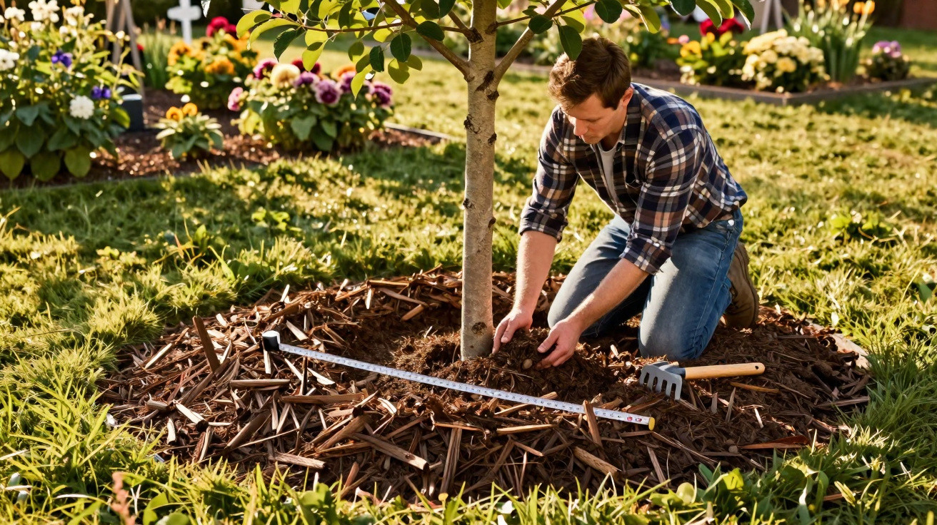 Mann kniet im Garten und pflegt den Boden rund um einen Baum mit Gartenwerkzeug und Messband.