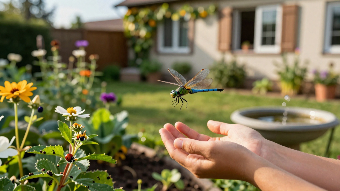 Libelle fliegt über offene Hände in einem bunten Garten mit Blumen und Vogelbad im Hintergrund.