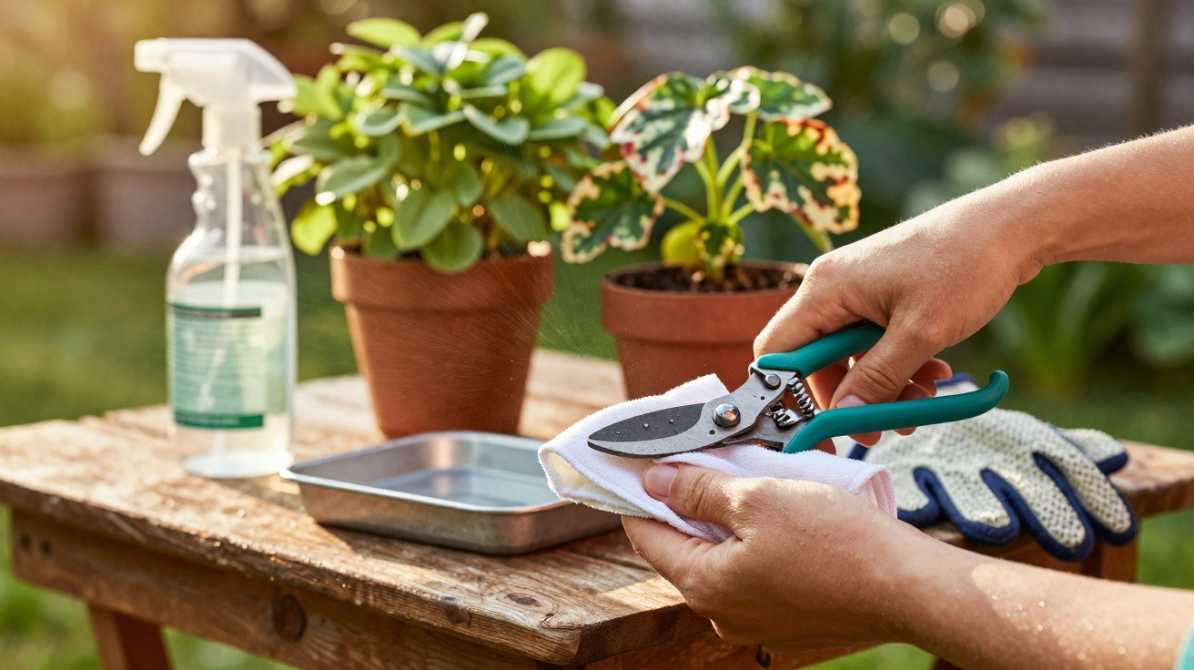 Person reinigt Gartenschere mit Tuch auf hölzernem Gartentisch mit Pflanzen und Handschuhen.