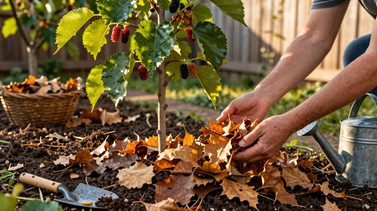 Person legt trockene Herbstblätter als Mulch rund um einen kleinen Maulbeerbaum im Garten aus.