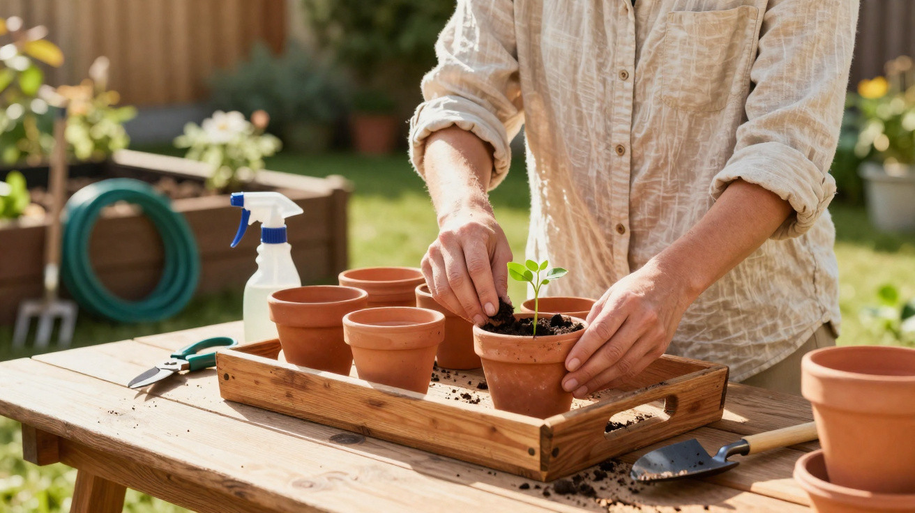 Person pflanzt Setzling in Blumentopf im Garten auf Holztisch mit Gartengeräten und Sprühflasche.