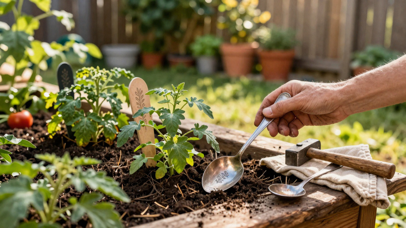 Hand harkt Erde mit Löffel in einem Hochbeet mit jungen Tomatenpflanzen im Garten bei Sonnenschein.