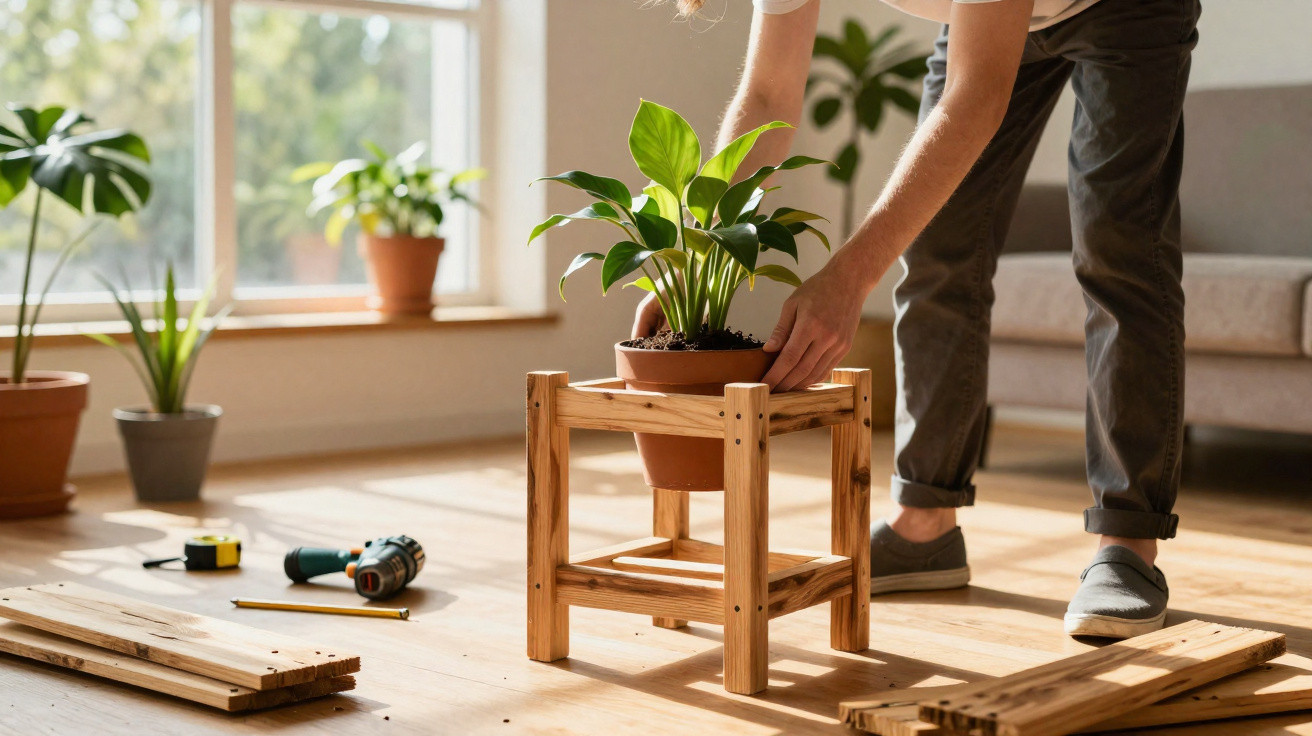 Person stellt Blumentopf auf selbstgebauten Holzpflanzenständer in hellem Wohnzimmer