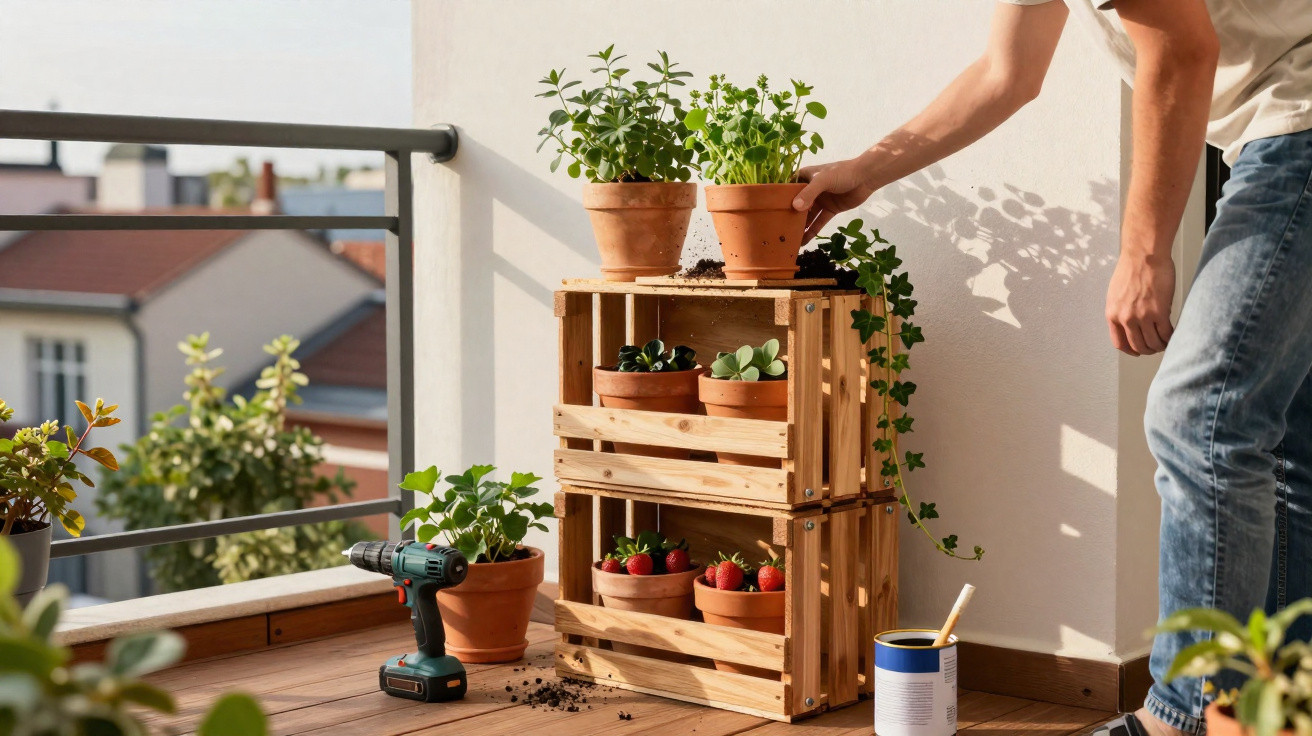 Person gießt Pflanzen auf Balkon mit Holzkisten und verschiedenen Blumentöpfen bei Sonnenschein.