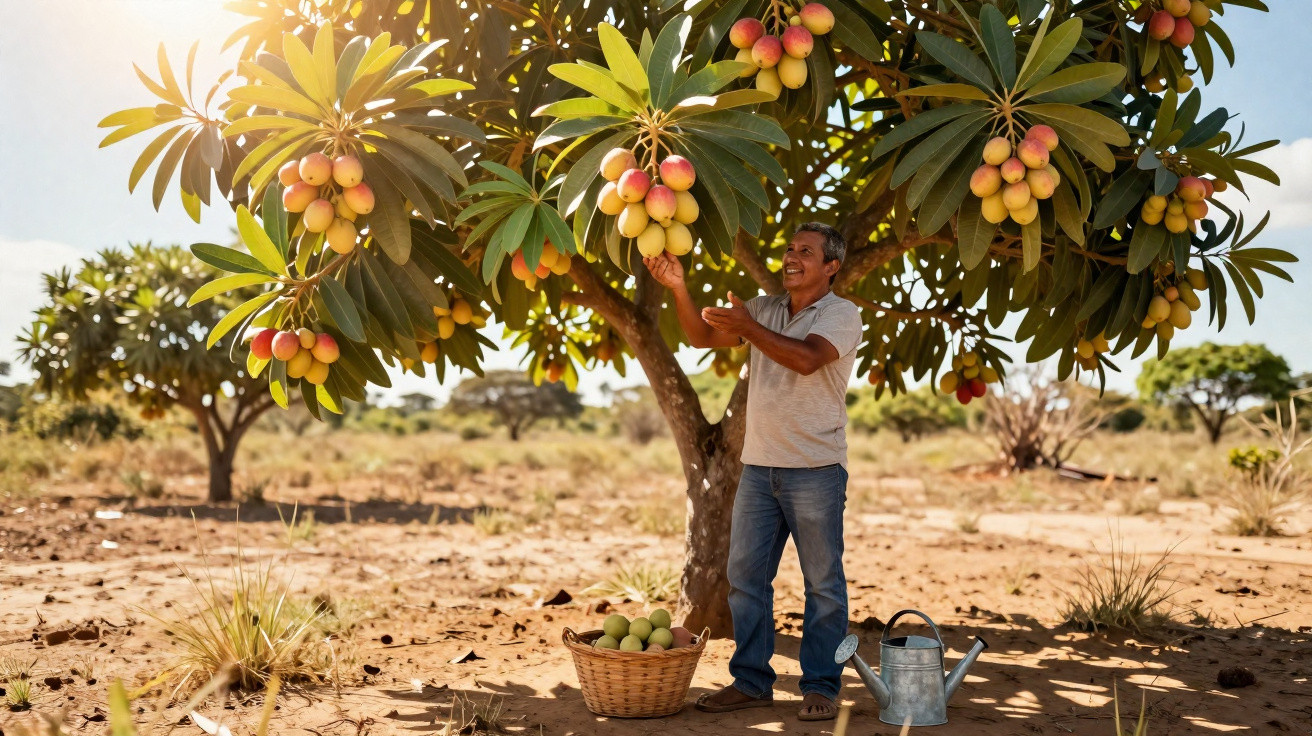 Mann erntet reife Mango-Früchte von einem Baum in sonniger, trockener Landschaft mit Korb und Gießkanne.