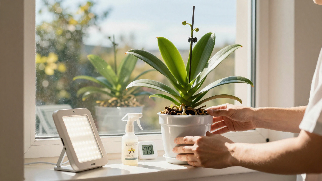 Person stellt Orchideenpflanze auf sonnigen Fensterbrett mit Lichttherapielampe und Thermometer