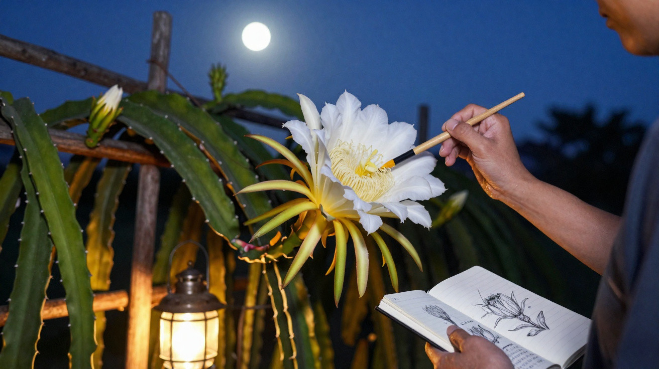 Person malt bei Vollmond eine große weiße Blüte einer Kakteepflanze mit Pinsel und Skizzenbuch.