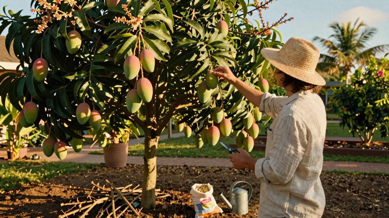 Person mit Strohhut erntet reife Mangos an einem Mangobaum in einem Garten bei Sonnenlicht.
