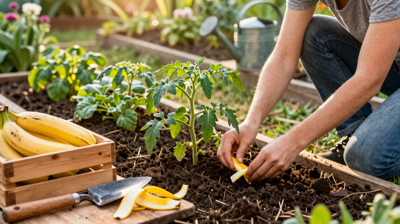 Person beim Düngen eines jungen Tomatenpflanzensetzlings im Hochbeet mit Bananenschalen als natürlichem Dünger.