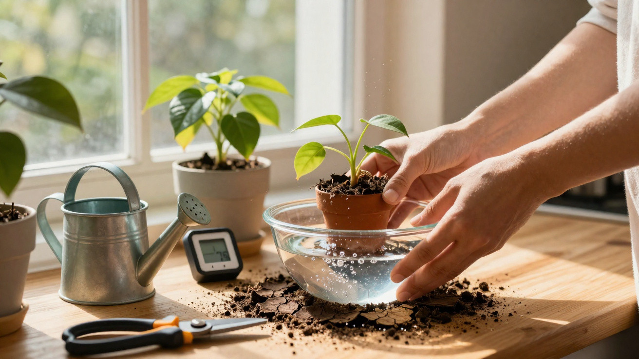 Frau topft Zimmerpflanze um, Hände halten Topf über Glasschüssel mit Wasser, Gießkanne und Gartenschere auf Holztisch.