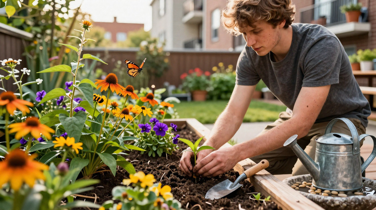 Junger Mann pflanzt im Garten Blumen, neben ihm eine Gießkanne und Gartengeräte auf Hochbeet.