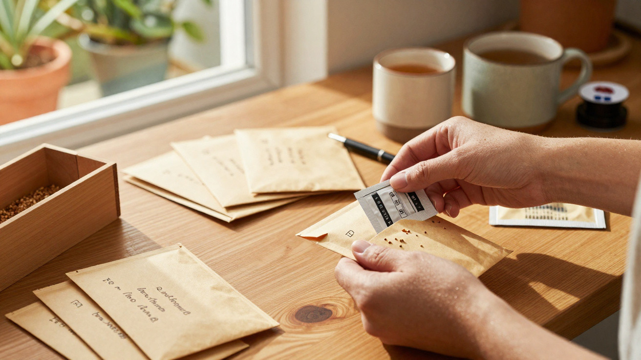 Person verpackt beschriftete Saatgut-Tütchen an einem sonnigen Holztisch neben Pflanzgefäßen.