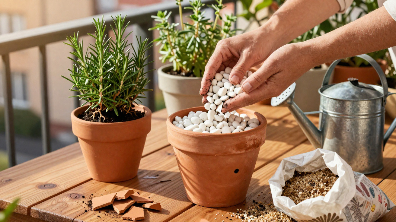 Hände, die weiße Wasserperlen in einen Blumentopf mit Erde auf einem Holztisch im Freien geben.