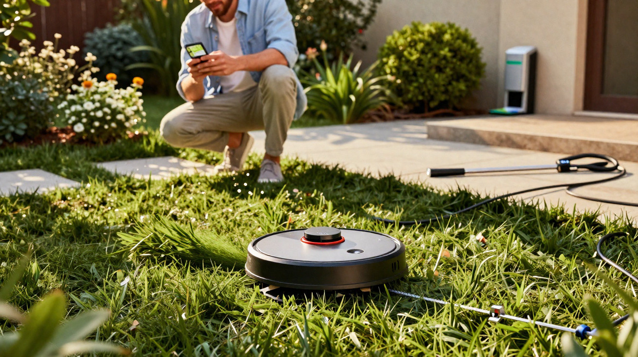 Mann kniet im Garten und steuert einen Mähroboter, der Gras auf einem Rasenmäht.