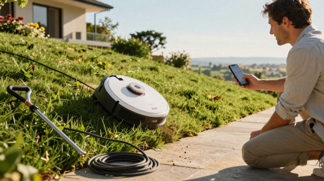 Mann steuert per Smartphone einen Mähroboter auf einer Wiese neben Gartenwerkzeugen und Haus.